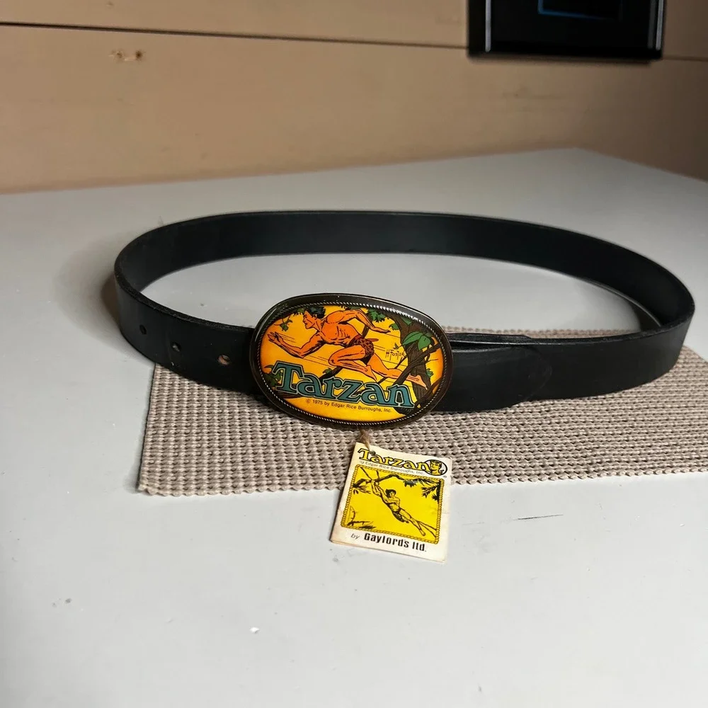 Vintage 1975 Tarzan Belt Buckle Gaylords Ltd Bullhide Leather Belt Black USA